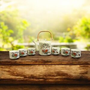 VINTAGE SATSUMA JAPAN PORCELAIN TEAPOT & SIX CUPS SET — FLORAL & BIRD DESIGN